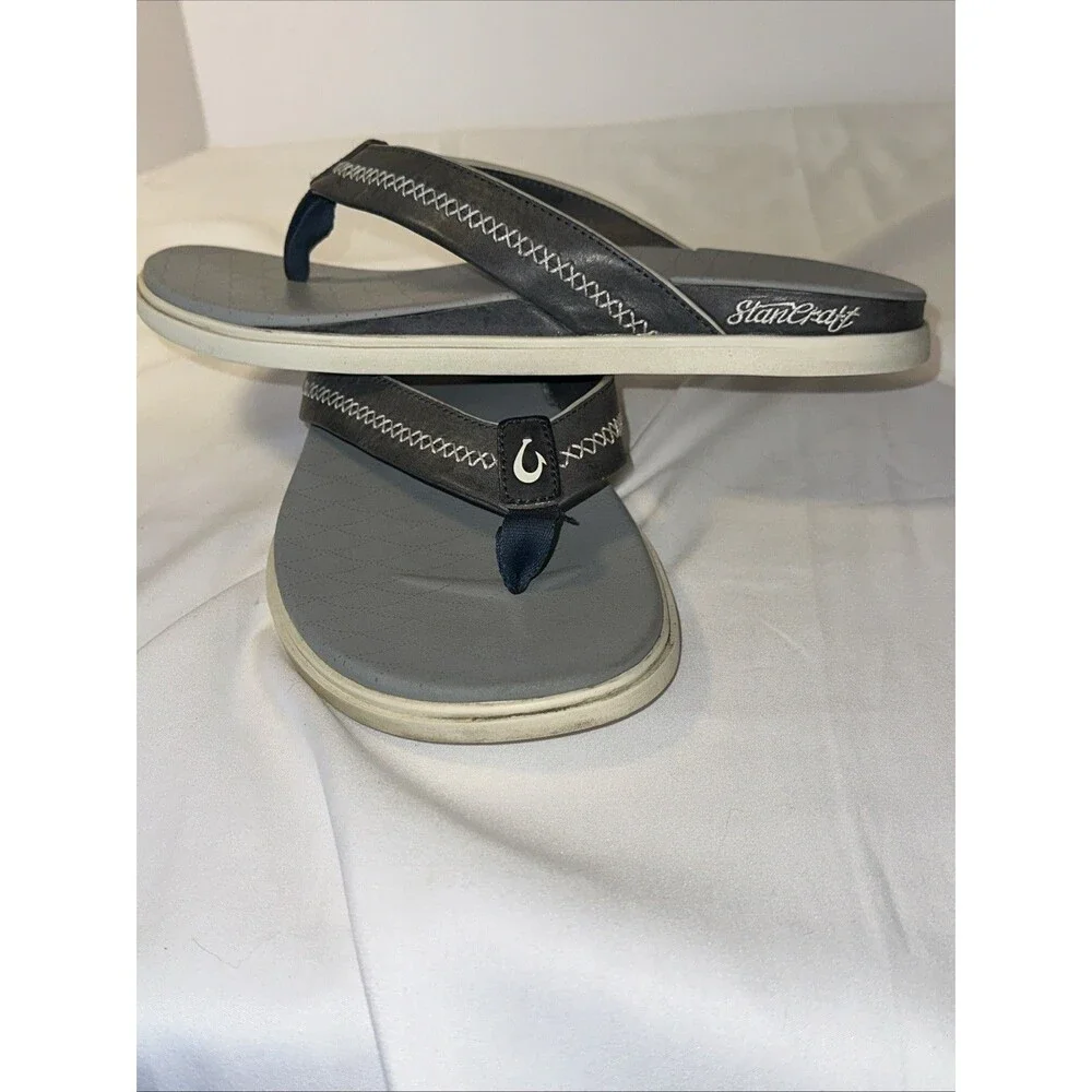 Olukai Stanecraft Gray 44 Men’s Leather Sandals 11 Flip Flop Boating